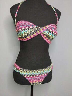 HEAT Swimwear Neon Aztec Tribal Print Bandeau Bikini Set Two Piece L